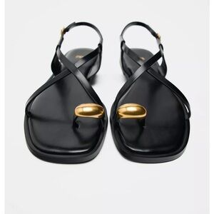Zara Black Leather Sandals with Gold Toe Ring Hardware